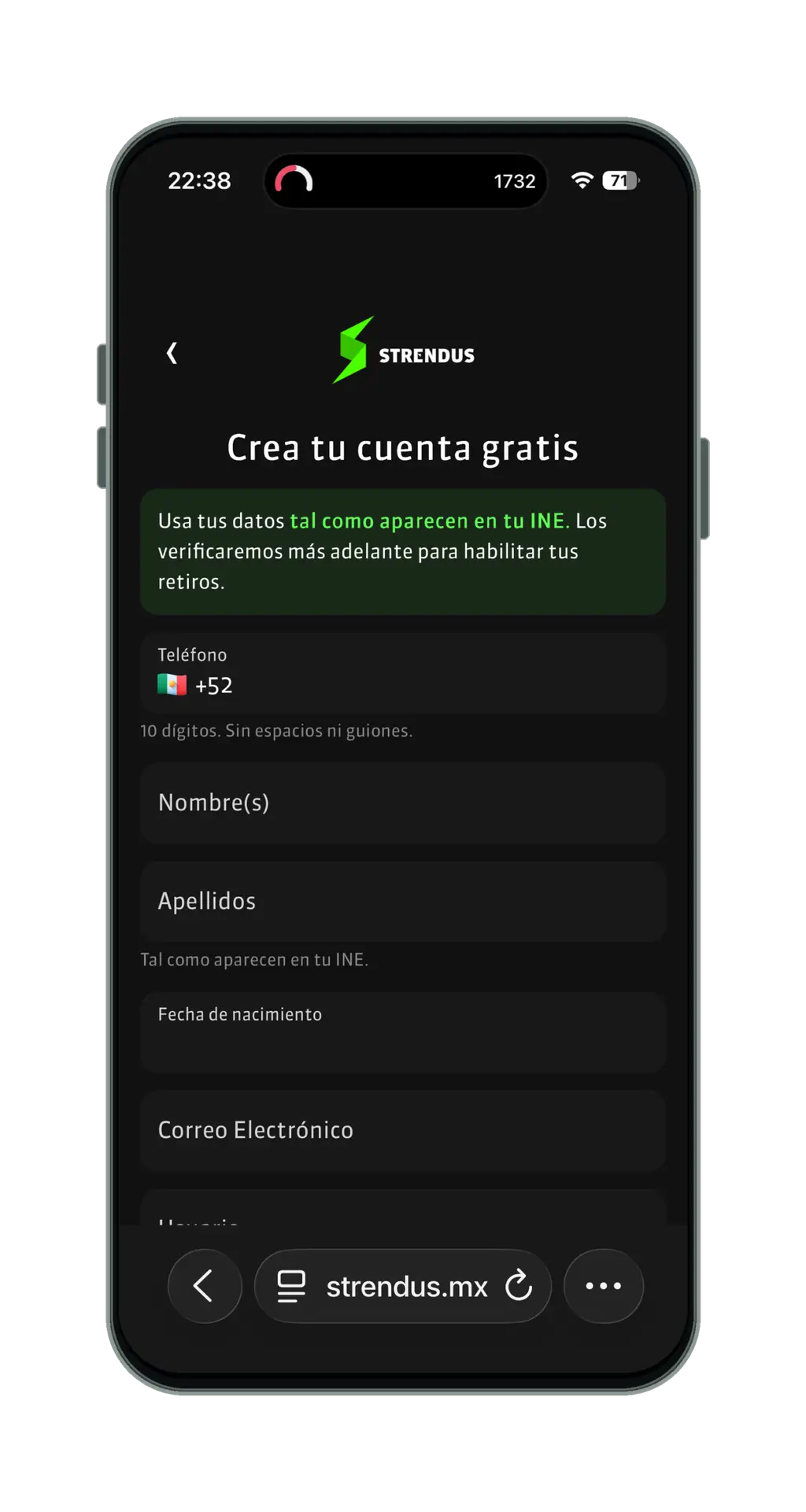 Registro en Strendus desde el móvil: formulario Crea tu cuenta gratis