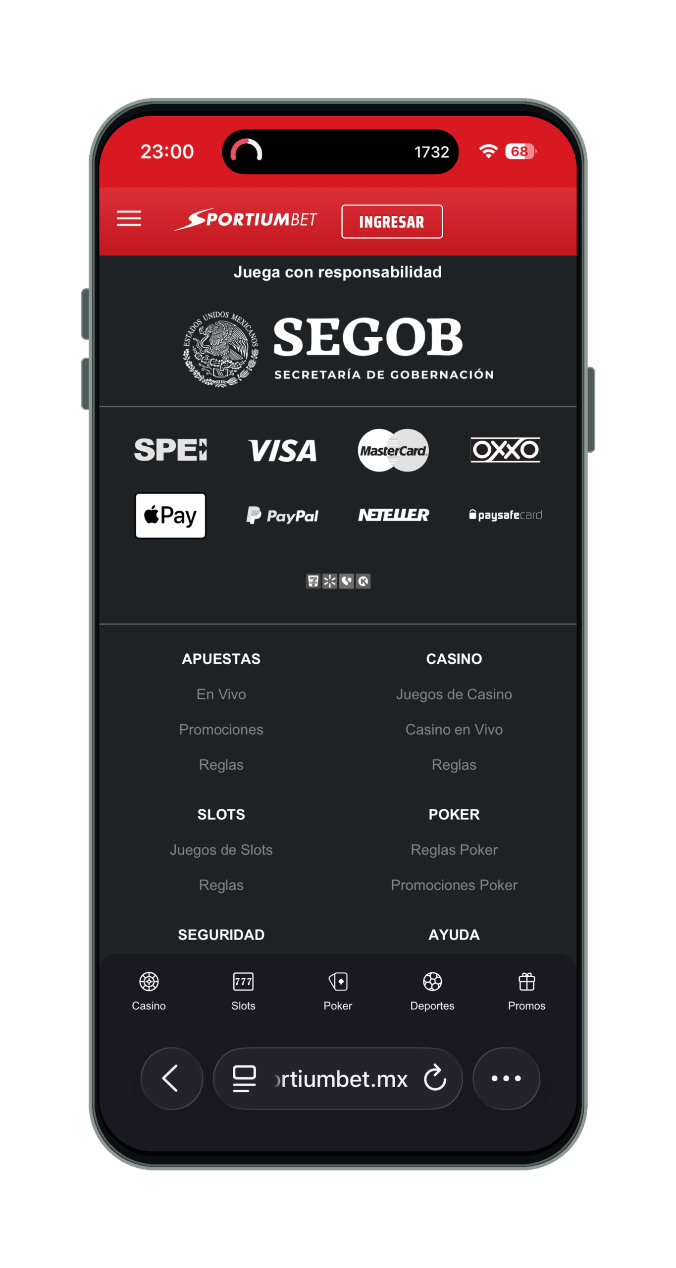 SportiumBet en el móvil: pie del sitio con sello de la SEGOB y métodos de pago