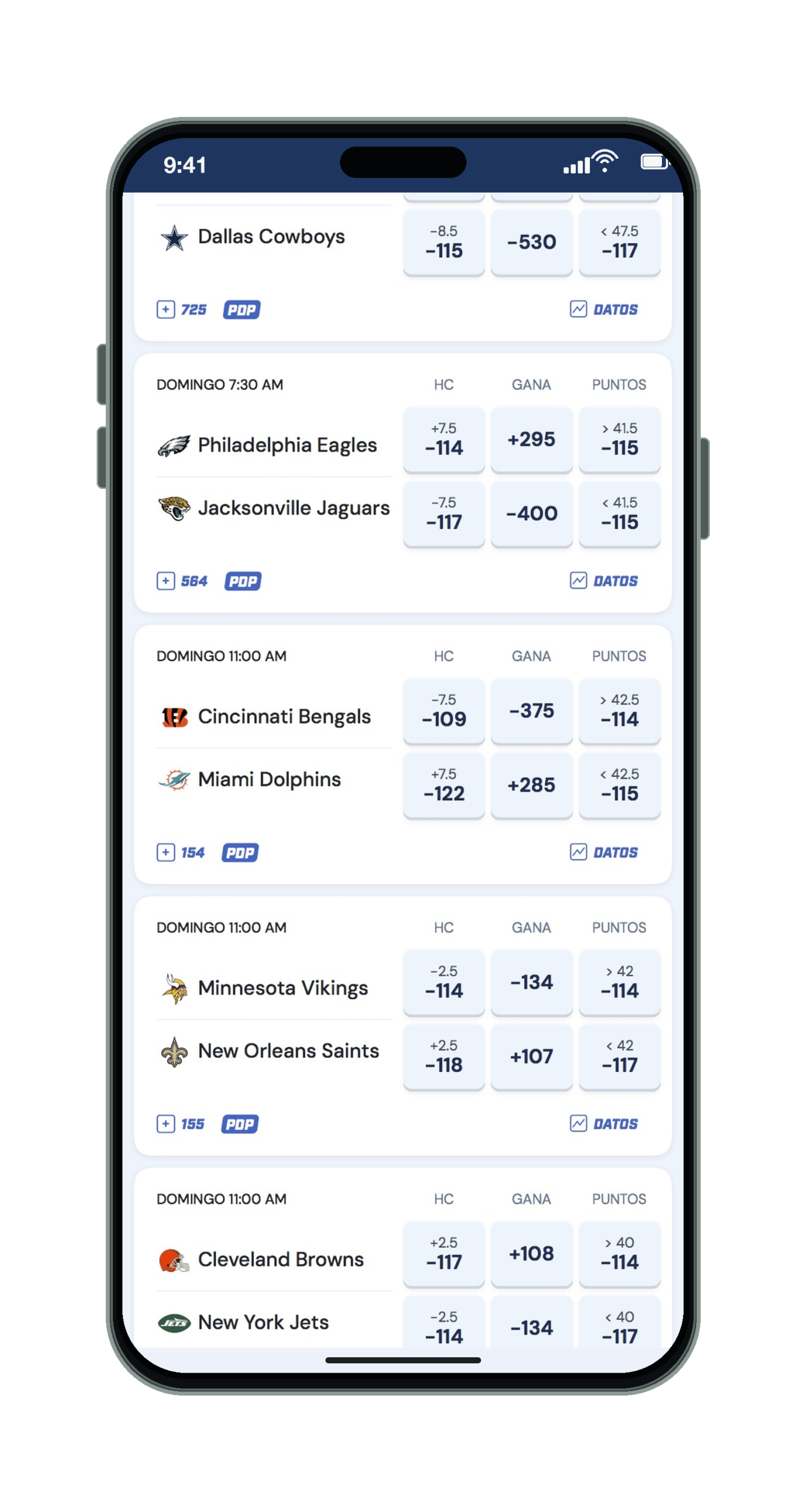 Rushbet en el móvil: partidos de NFL con momios