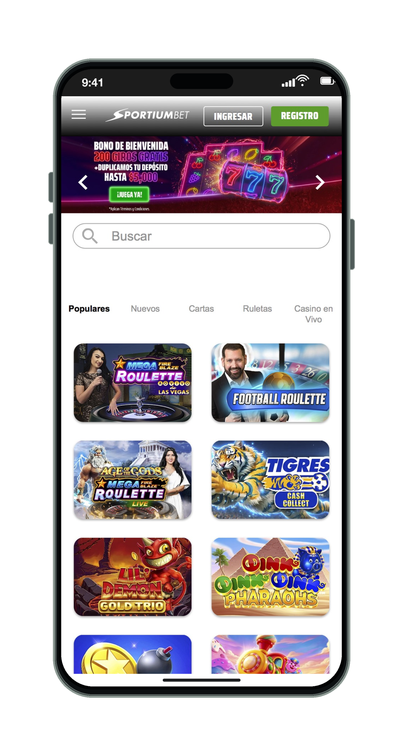 SportiumBet Casino en el móvil: lobby con el bono de bienvenida y la categoría Populares