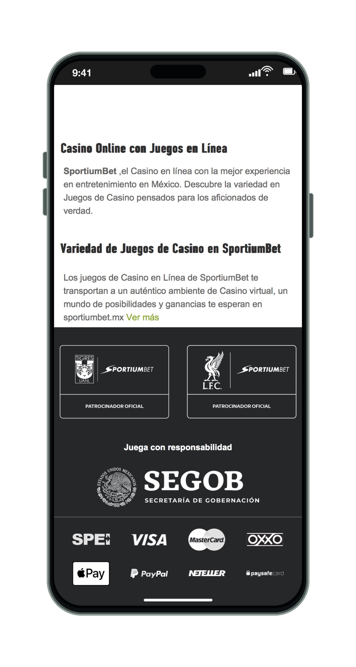 SportiumBet en el móvil: sello de la SEGOB y métodos de pago en el pie del sitio