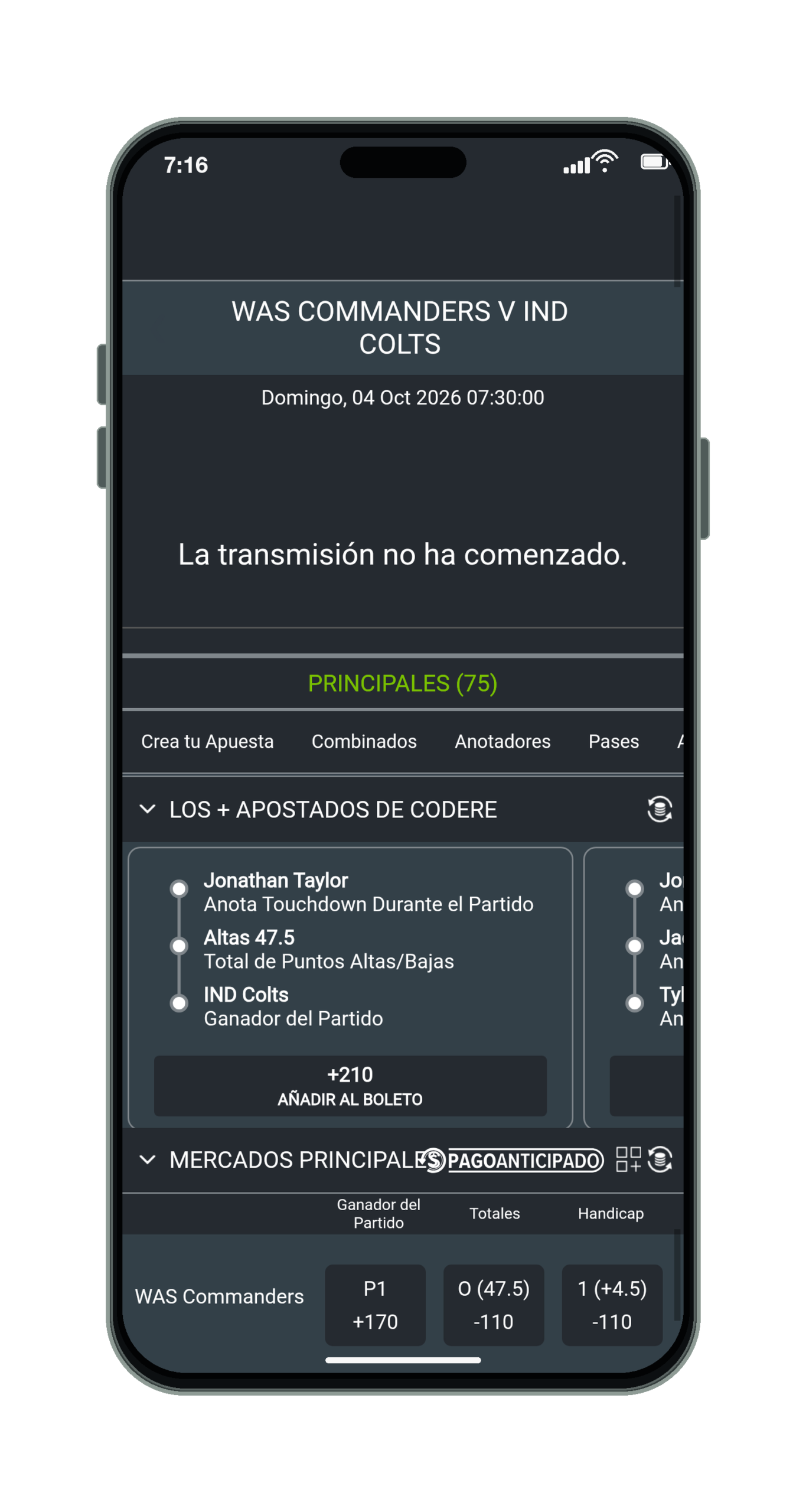 Codere en el móvil: mercados de un partido de NFL, parte 1 de 2