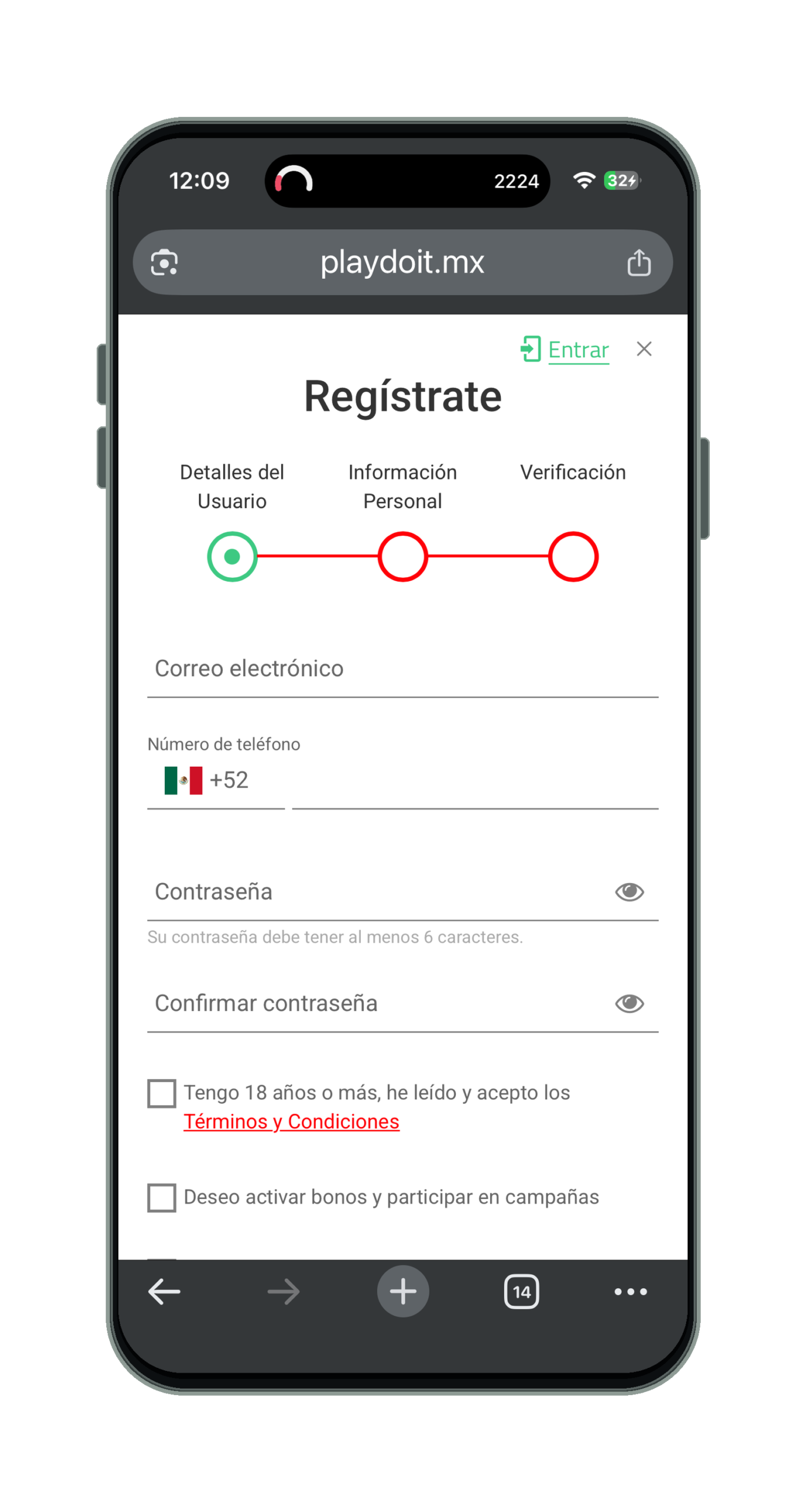 Registro en Playdoit desde el móvil: formulario de registro