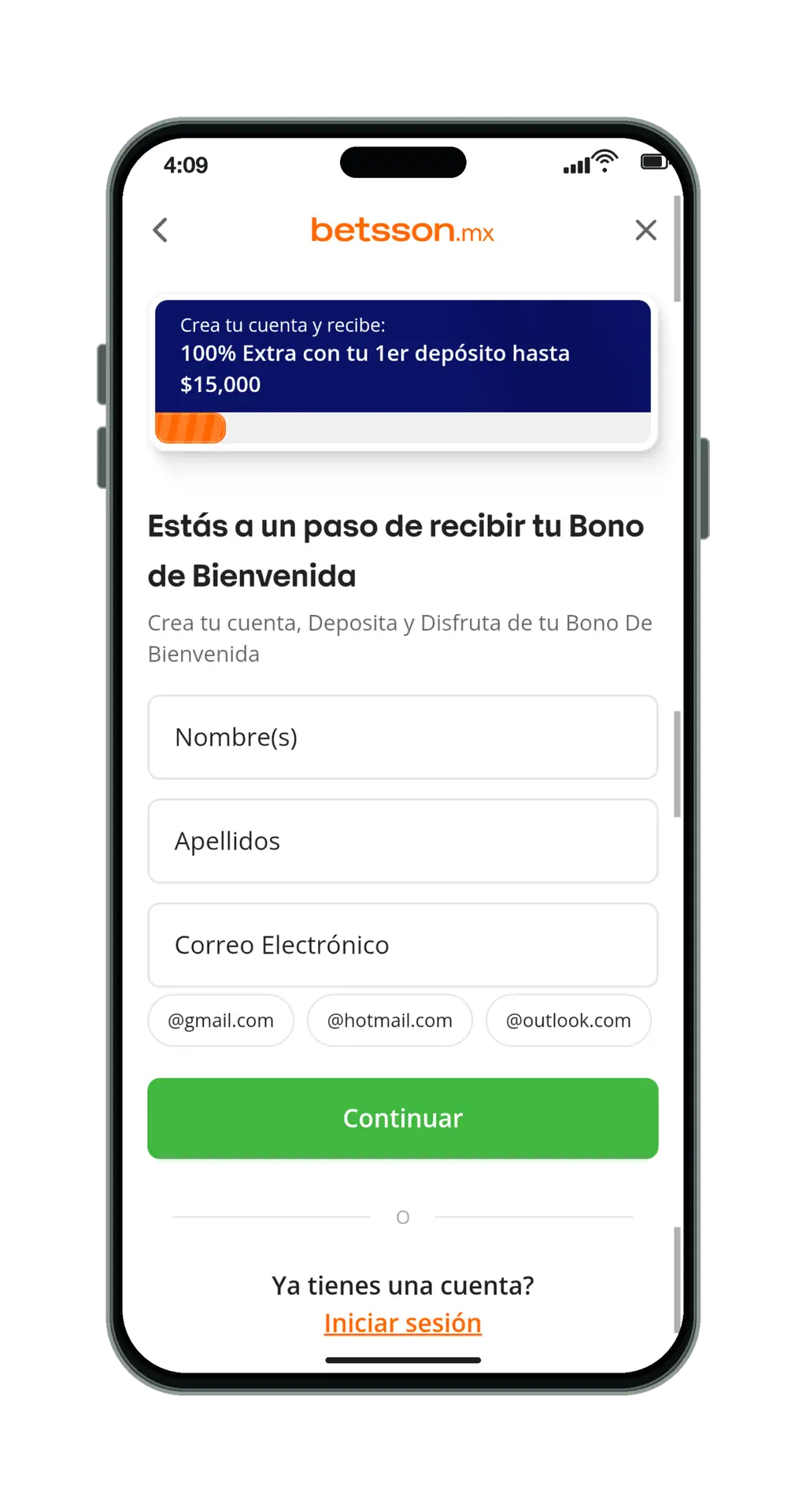 Registro en Betsson desde el móvil: nombre, apellidos y correo