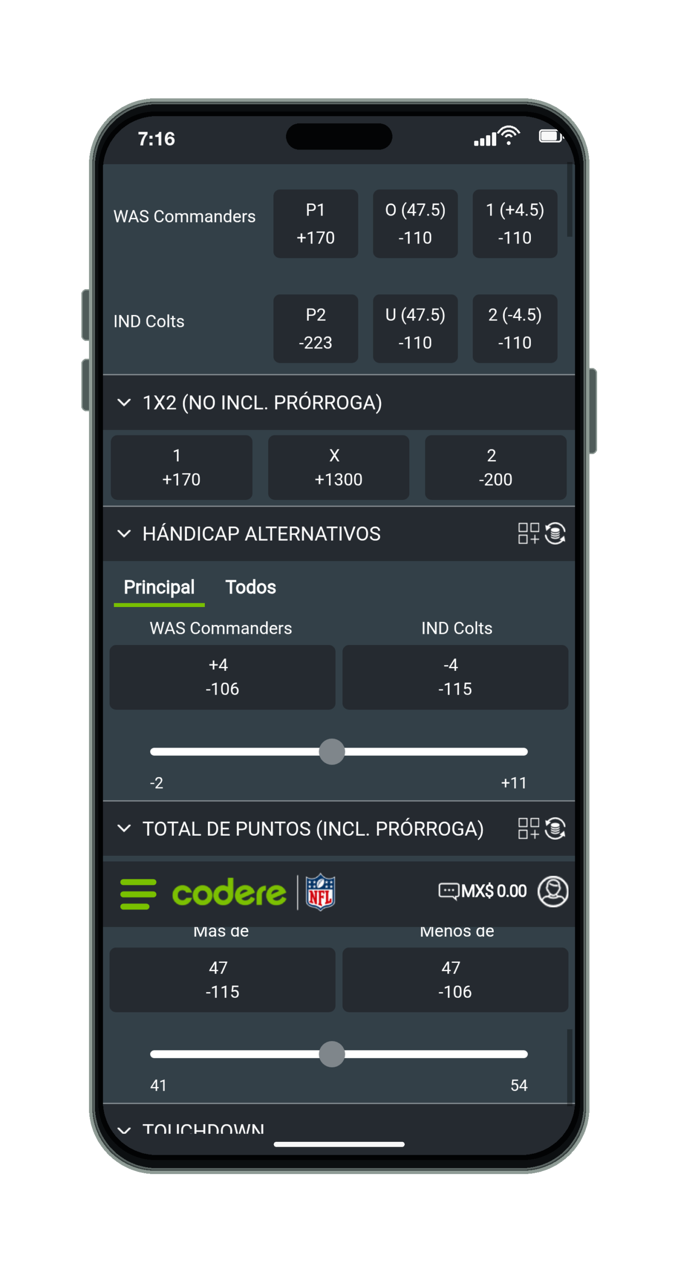 Codere en el móvil: mercados de un partido de NFL, parte 2 de 2