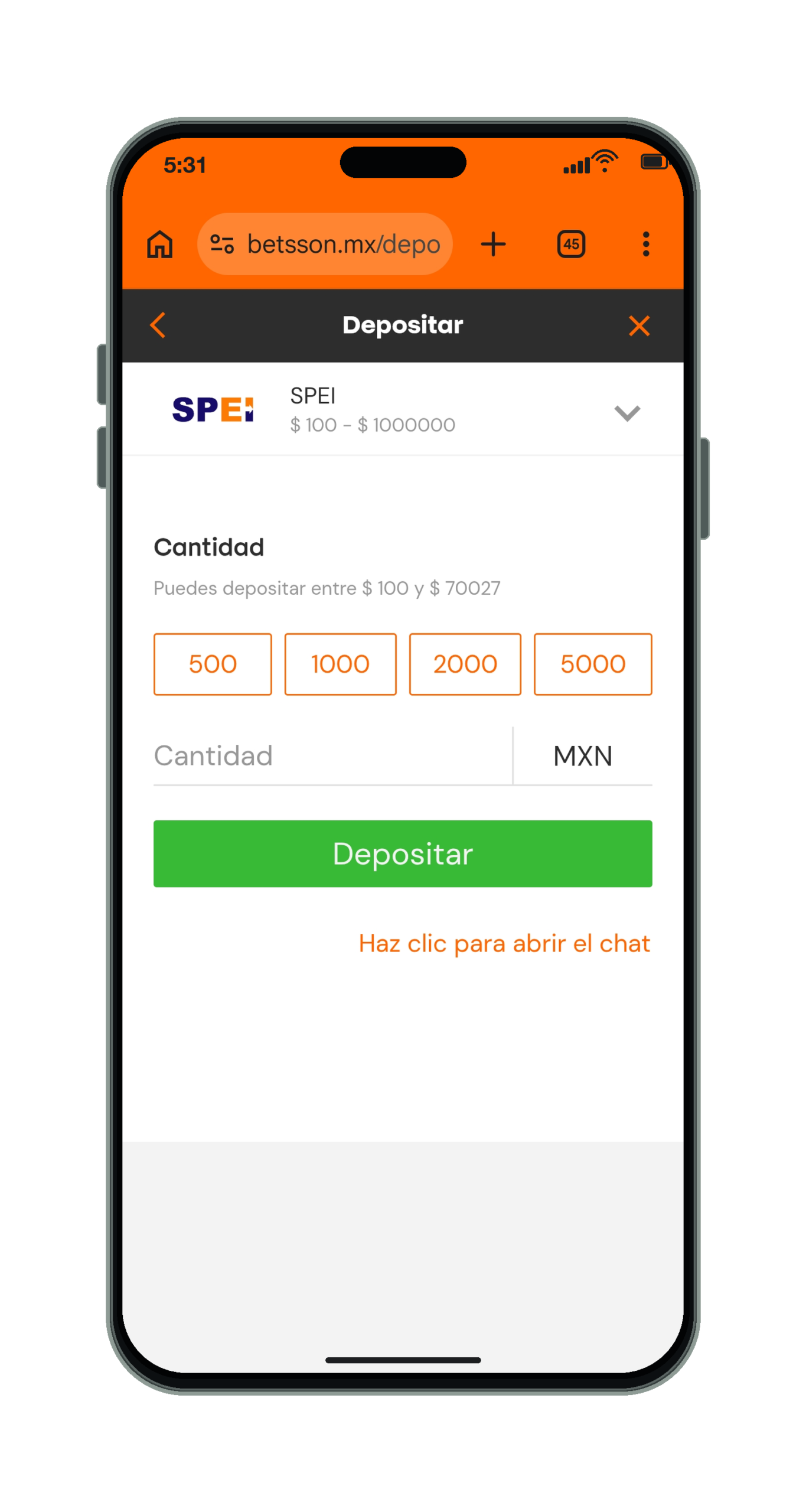 Betsson en el móvil: pantalla de depósito