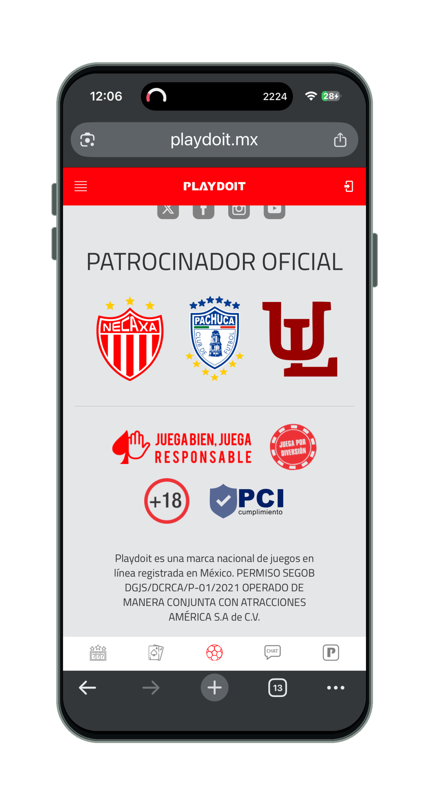 Playdoit en el móvil: pie de página con el permiso SEGOB