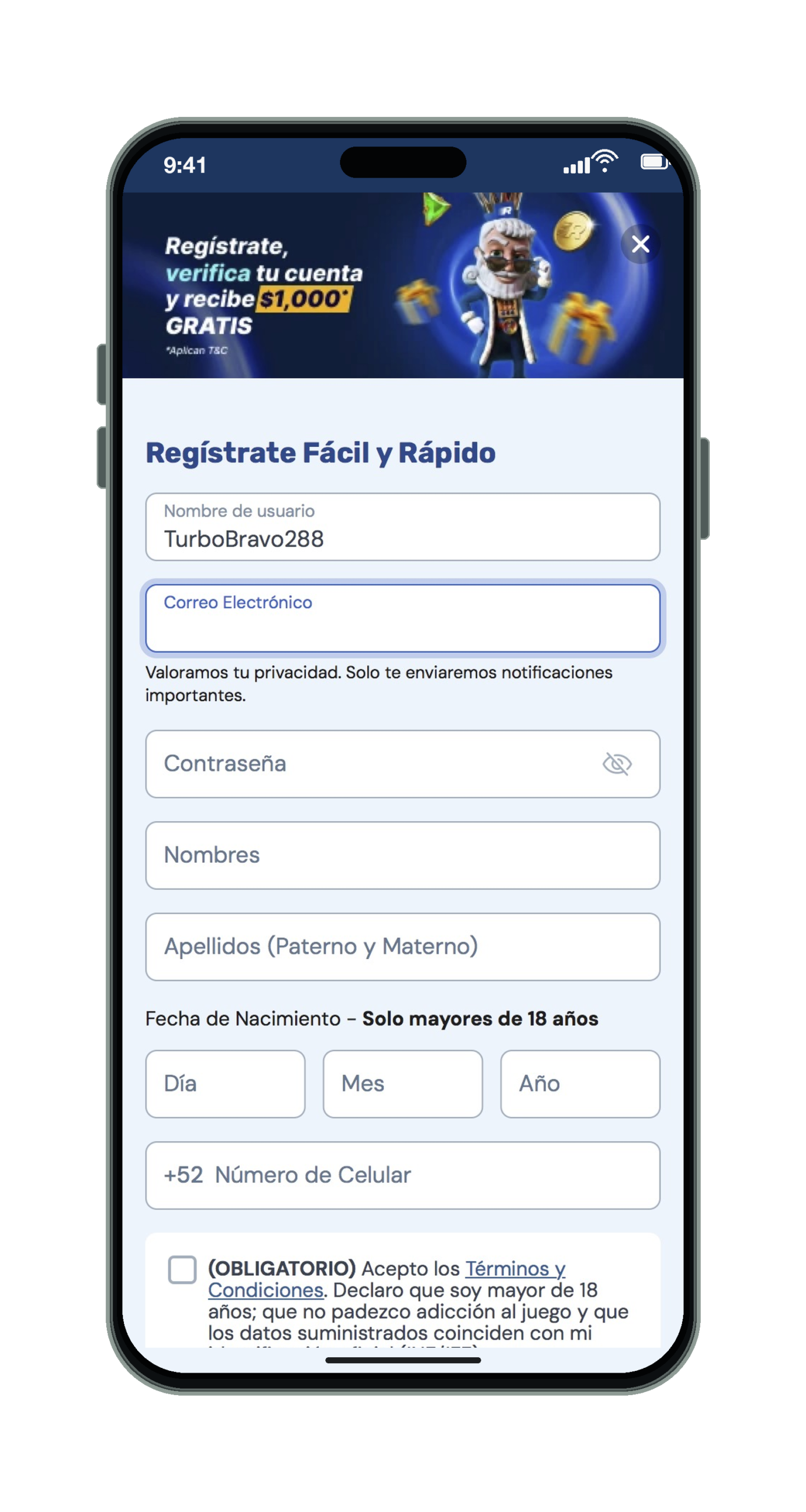 Registro en Rushbet desde el móvil: formulario de registro
