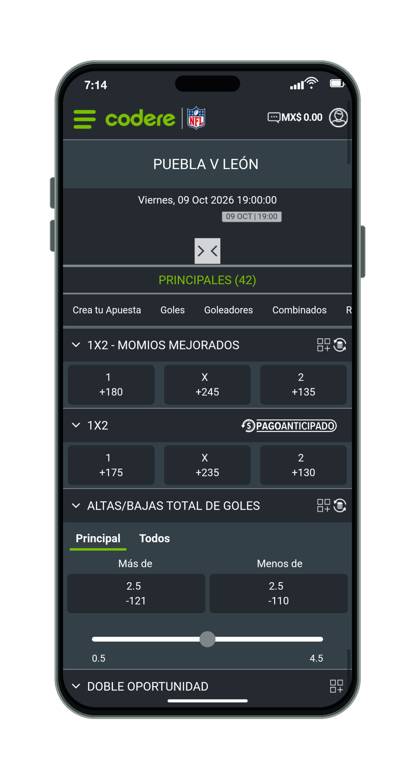 Codere en el móvil: mercados de un partido de Liga MX, parte 1 de 2