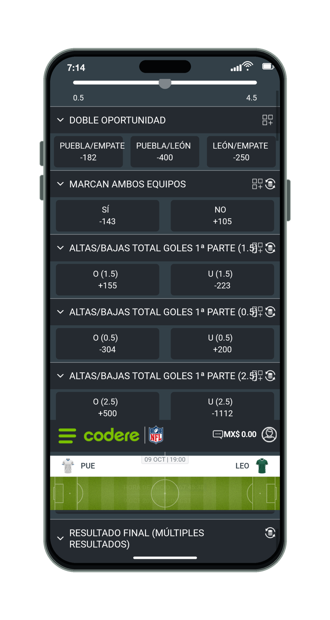 Codere en el móvil: mercados de un partido de Liga MX, parte 2 de 2