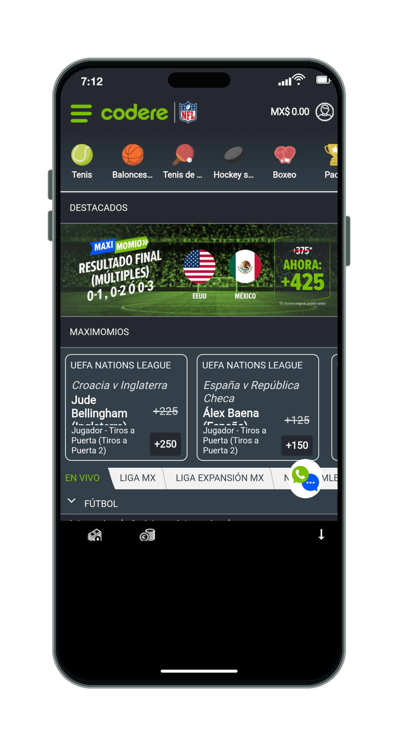 Codere en el móvil: pantalla de inicio de apuestas