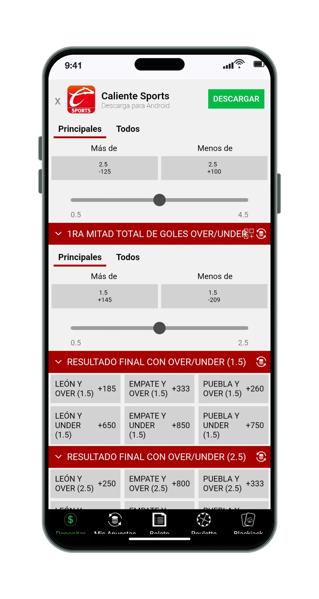 Caliente en el móvil: mercados de un partido de Liga MX