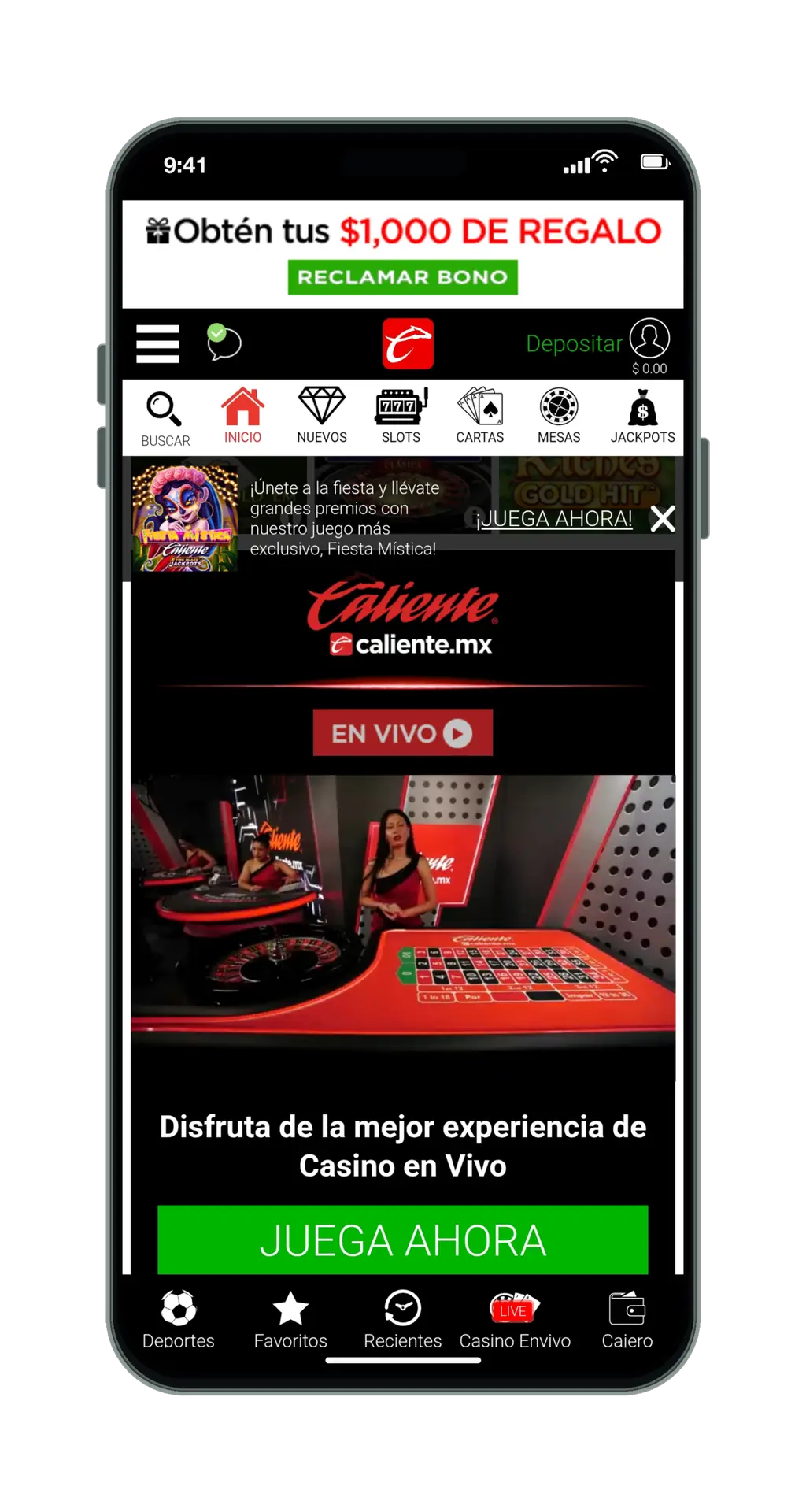 Caliente en el móvil: lobby de casino