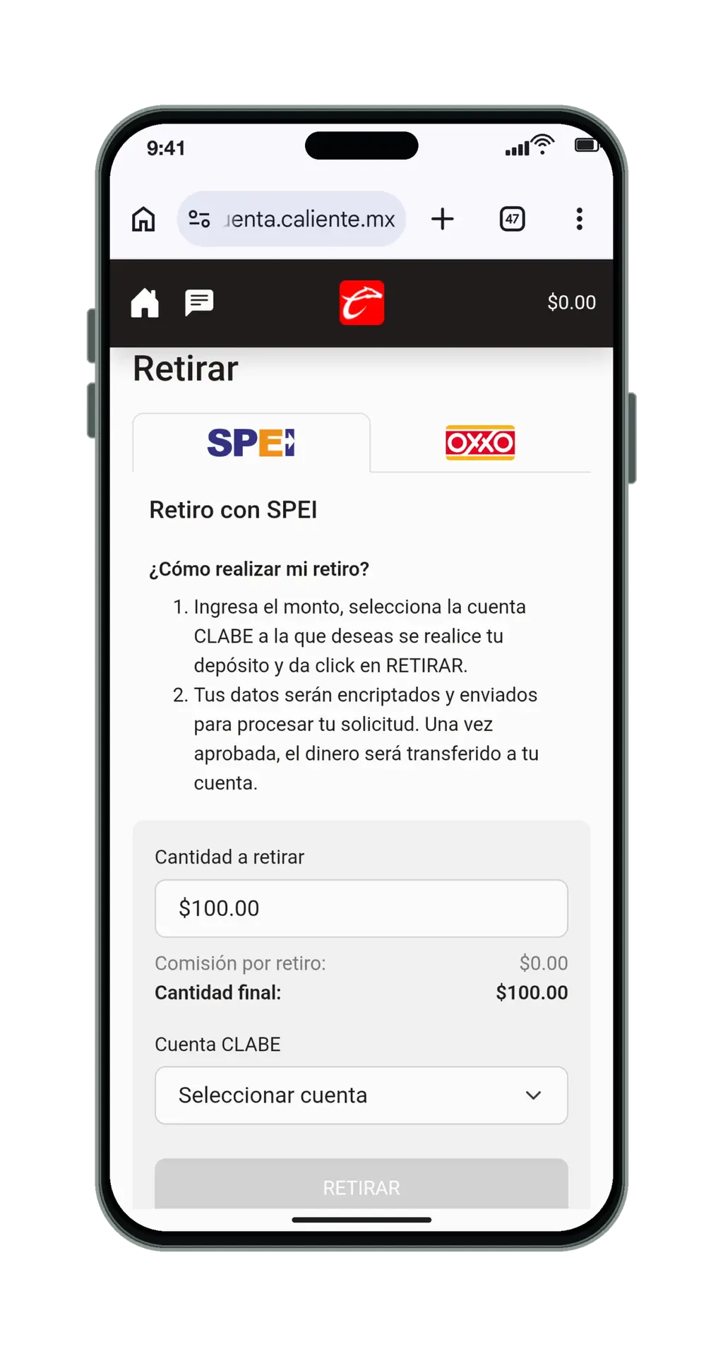 Caliente en el móvil: retiro con SPEI y OXXO