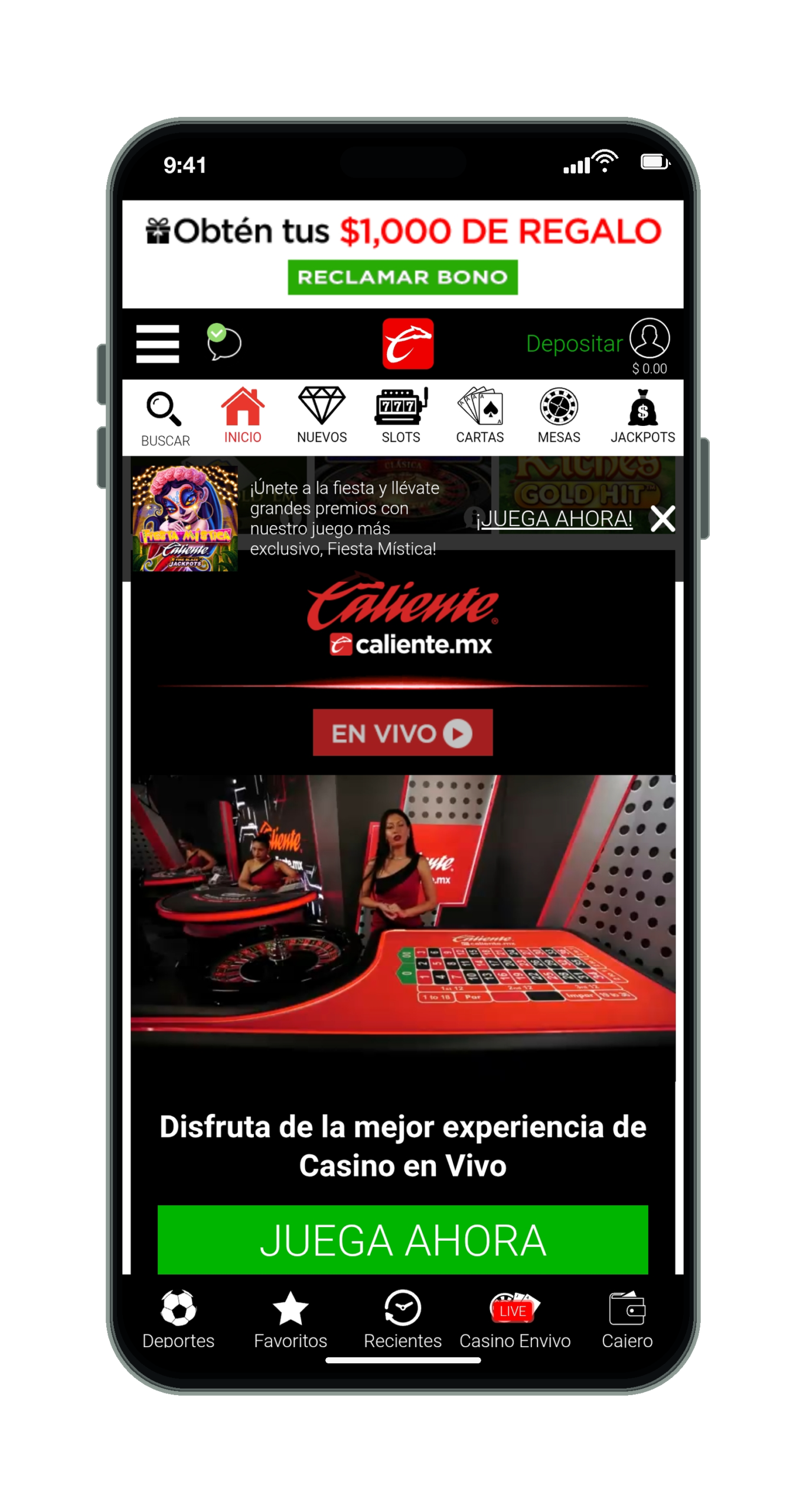 Caliente Casino en el móvil: lobby con casino en vivo