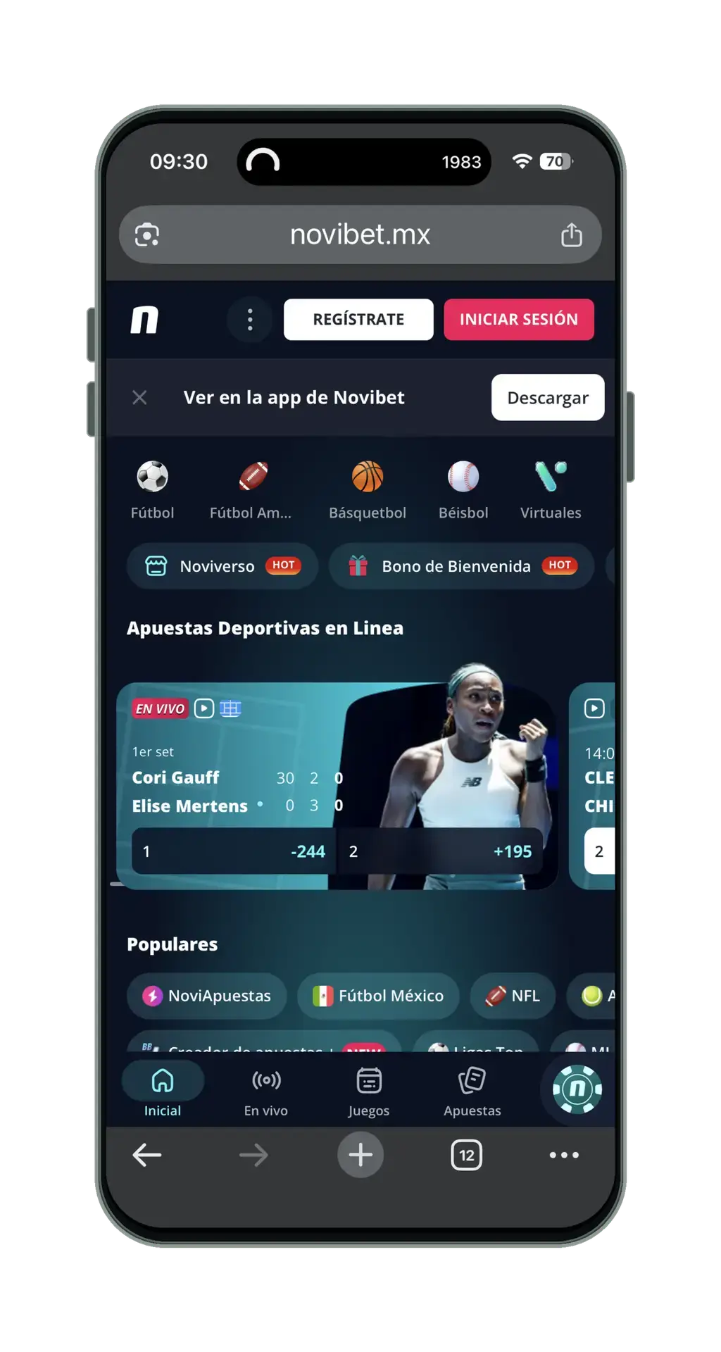 Novibet en el móvil: pantalla de inicio de apuestas deportivas