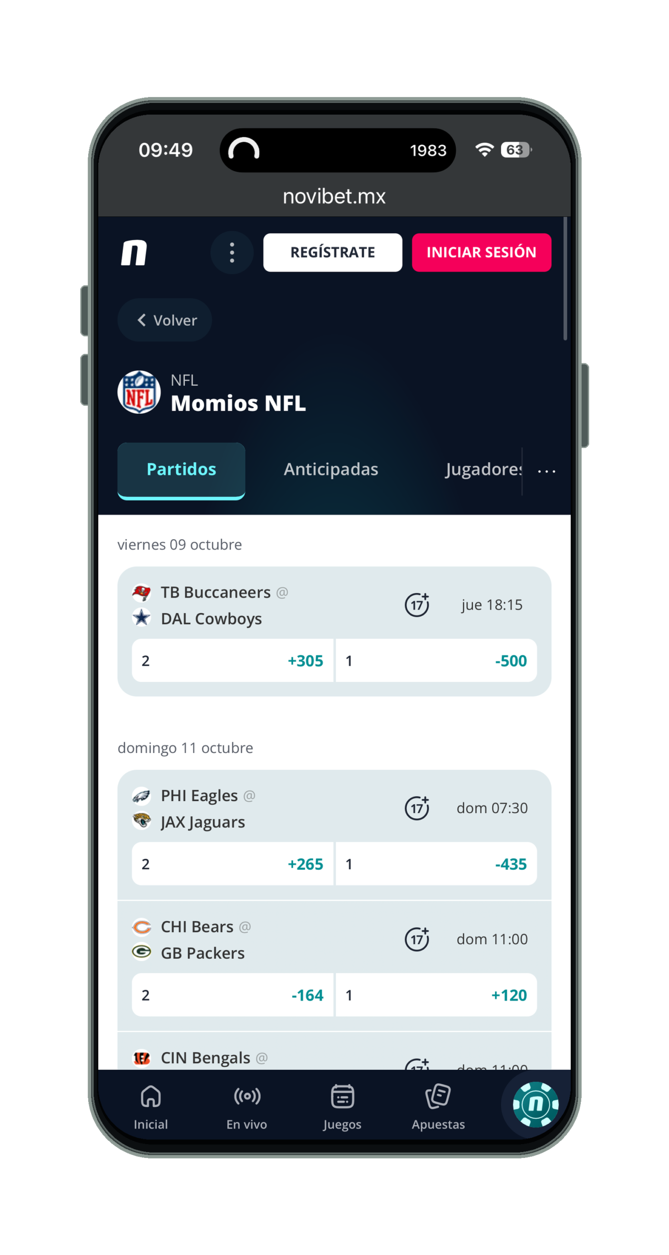 Novibet en el móvil: partidos de NFL con momios