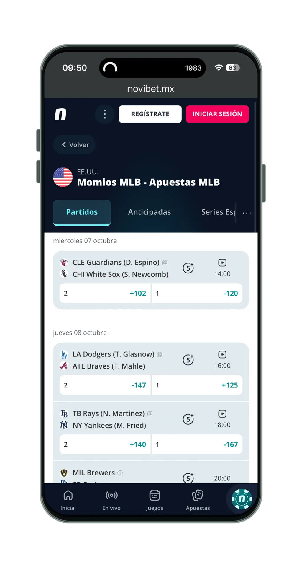 Novibet en el móvil: partidos de MLB con momios